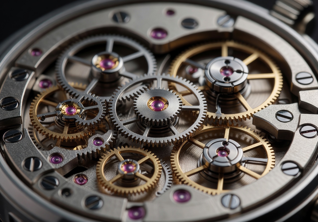 Macro view of mechanical watch movement and gears